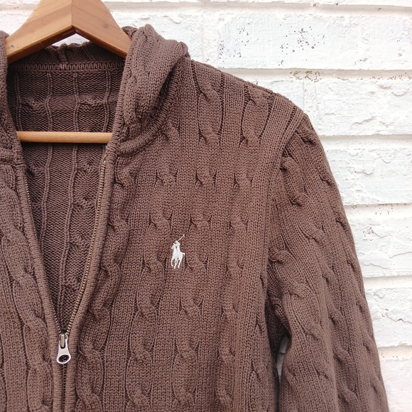 Vintage Ralph Lauren Cable Knit Hooded Full Zip Sweater Brown - Picture 3 of 5